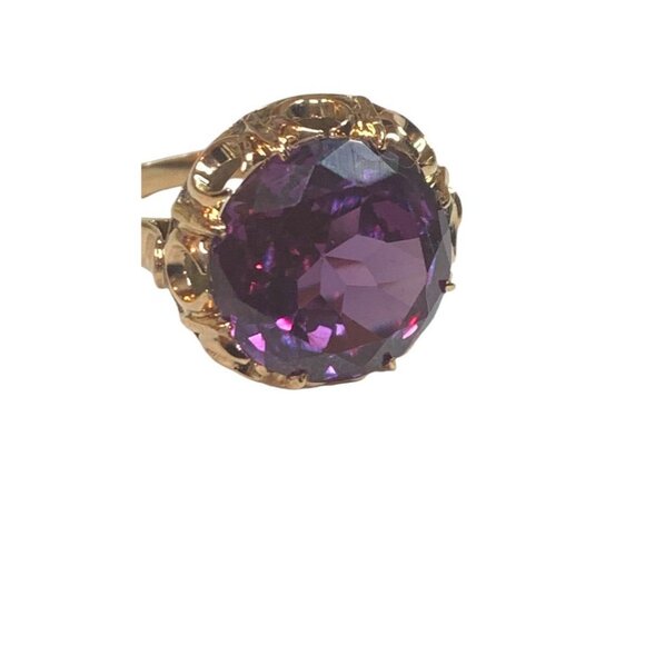 14k Yellow Gold Lab Created Round Amethyst Solitaire Ring Size 7.5 - Picture 9 of 10